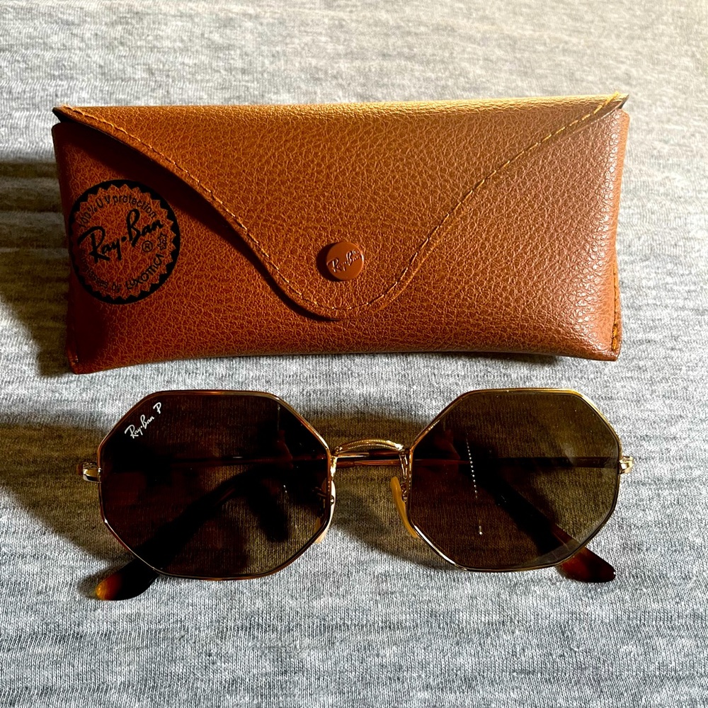 Ray-Ban RB1972 9147/M2 Gold/Brown Polarized Octagon Sunglasses 54mm with case